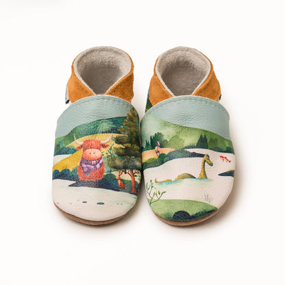 Scottish Highland Cow And Nessie Leather Baby Shoes