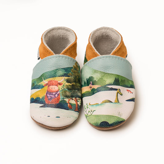Scottish Highland Cow And Nessie Leather Baby Shoes