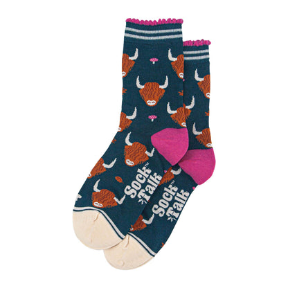 Highland Cow Unisex Socks In Green And Pink