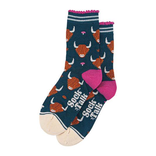 Highland Cow Unisex Socks In Green And Pink