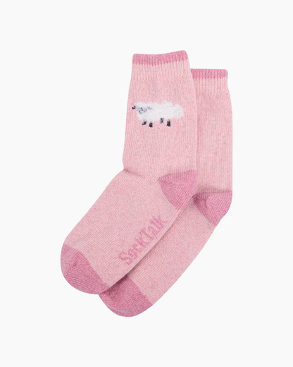 Fluffy Sheep Embroidered Wool Socks In Pink