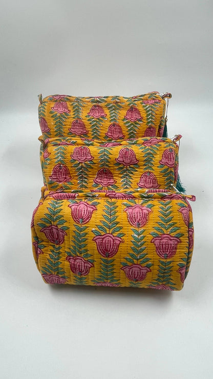 Yellow Quilted Flower Wash Bag in Assorted Sizes