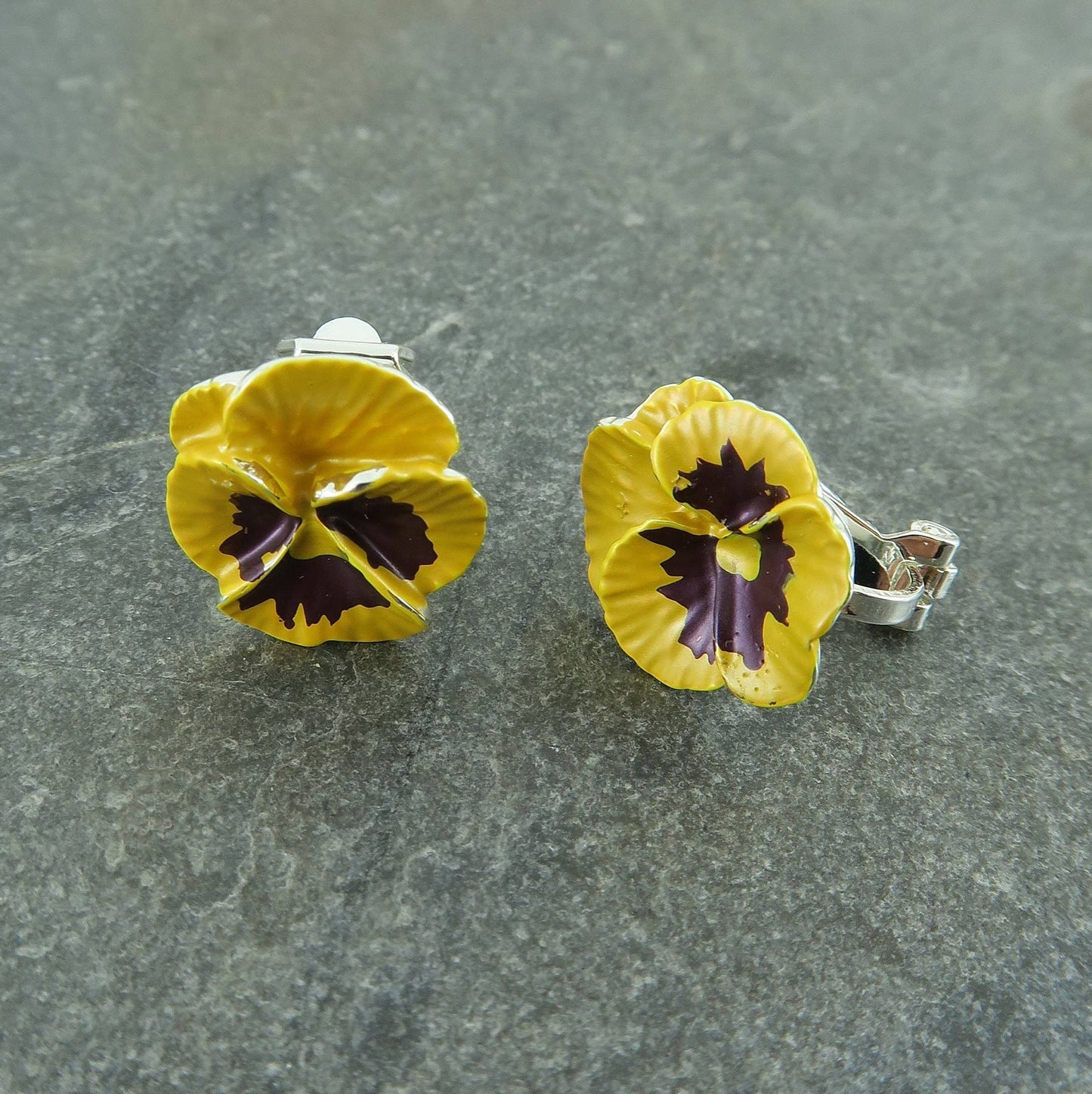 Pansy Yellow Flower Clip Earrings