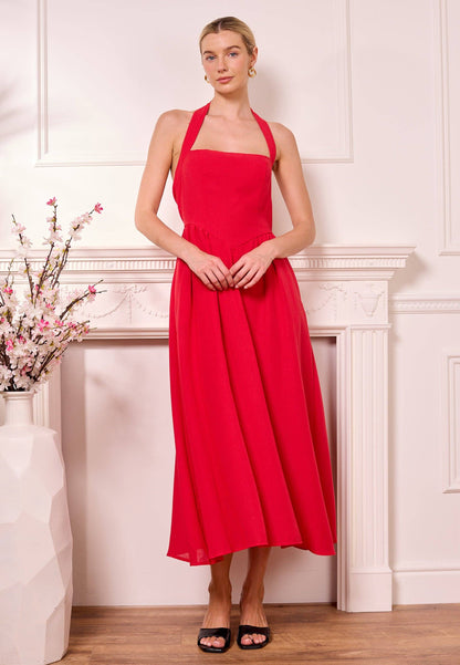 Red Halterneck Drop-Waist Midi Dress