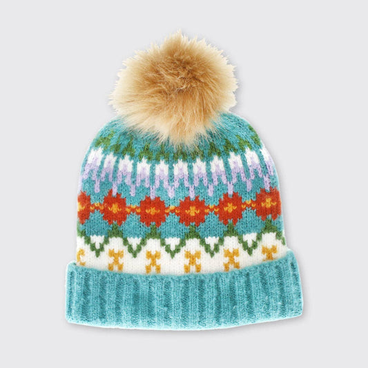 Carla Bobble Hat Nordic Floral In Blue