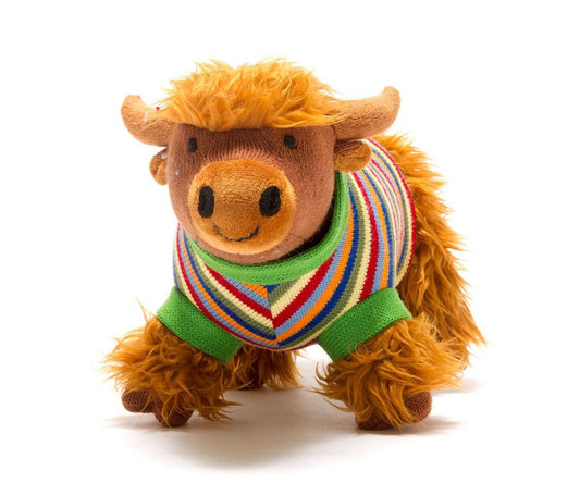 Knitted Highland Cow Plush Toy in Stripe Jumper