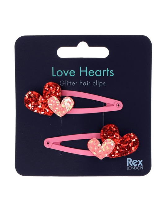 Glitter Love Heart Hair Clips Set of 2