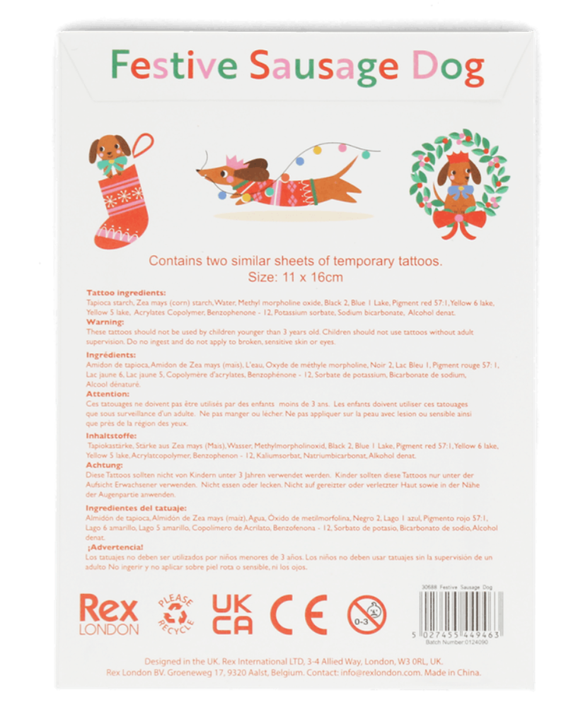 Festive Sausage Dog Temporary Tattoos