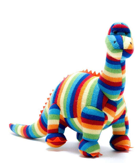 Knitted Diplodocus Dinosaur Plush Toy in Bold Stripes