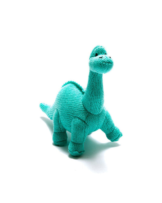 They may look fierce but our hand knitted Diplodocus dinosaur rattle, in bright and bold colours, is super cuddly.  Great for babies and toddlers, this dinosaur soft toy is a perfect size for baby to play with during tummy time with its soft stimulating rattle sound.