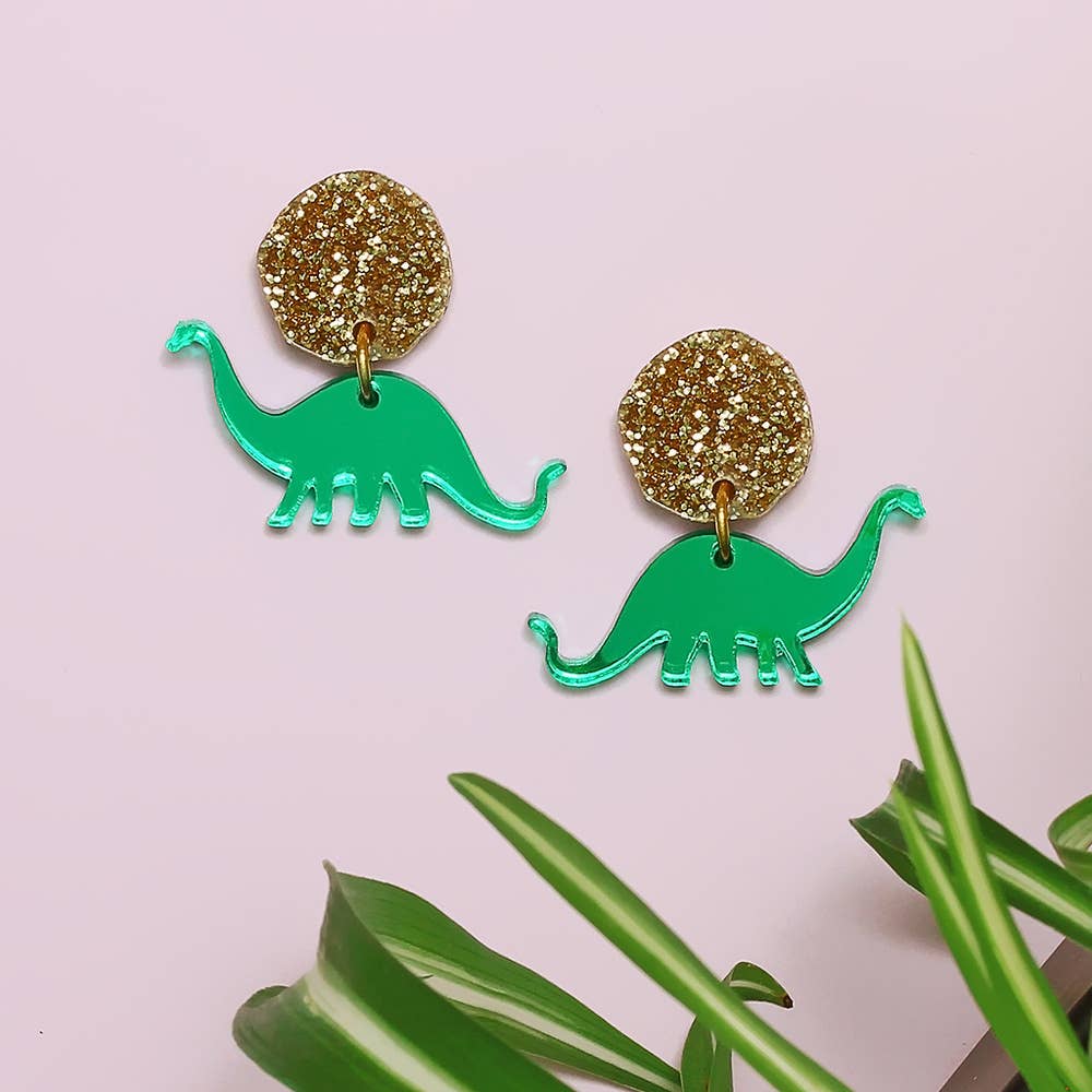 Apatosaurus Earrings in Green & Gold