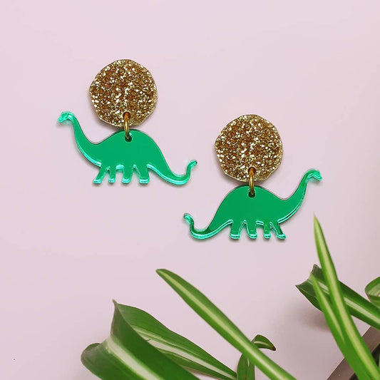 Apatosaurus Earrings in Green & Gold