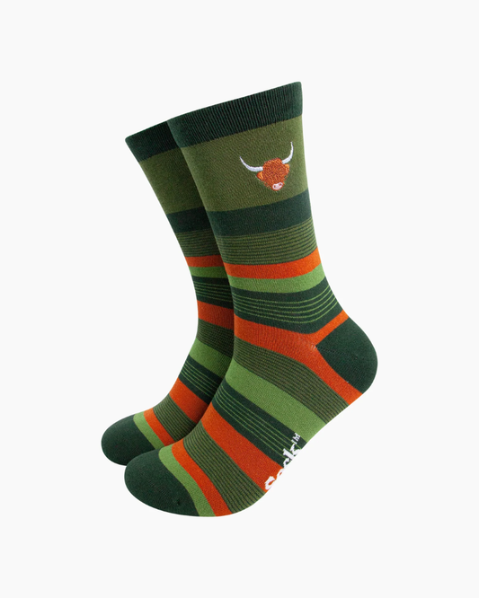 Embroidered Highland Cow Green Stripe Unisex Socks