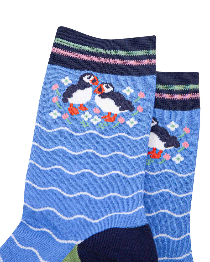 Blue Puffin Floral Waves Unisex Crew Socks