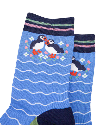 Blue Puffin Floral Waves Unisex Crew Socks