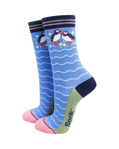 Blue Puffin Floral Waves Unisex Crew Socks