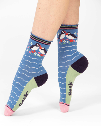 Blue Puffin Floral Waves Unisex Crew Socks