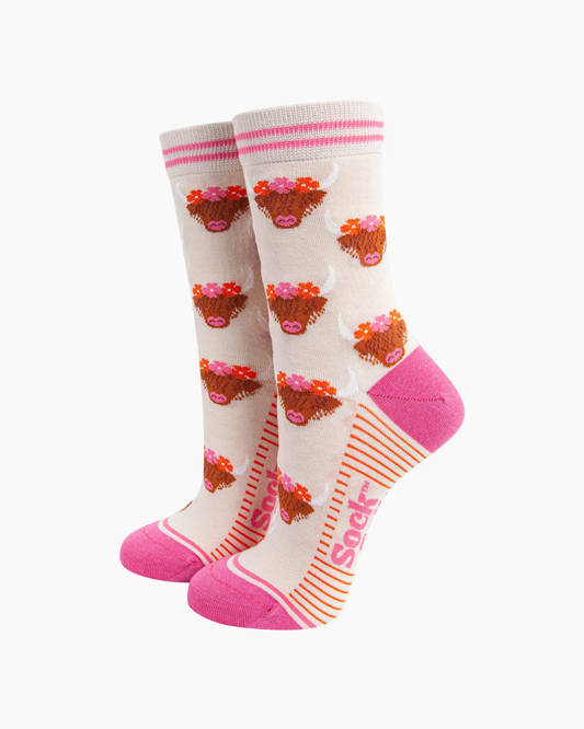 Highland Cows in Floral Crown Cream Unisex Crew Socks