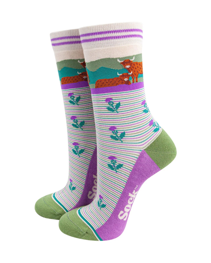 Highland Cows & Thistles Unisex Crew Socks