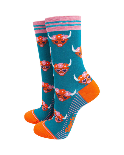 Highland Cows in Floral Crown Unisex Crew Socks
