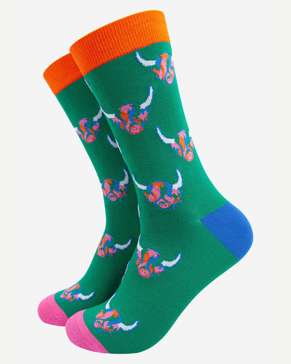 Highland Cow Pop Art Green Unisex Socks