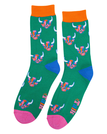 Highland Cow Pop Art Green Unisex Socks