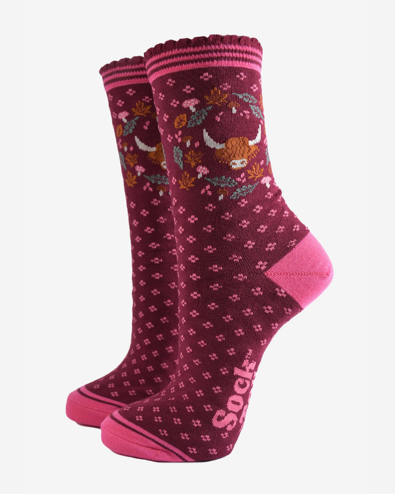 Highland Cow Socks Burgundy