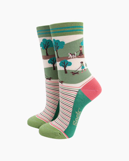 Dog Walking Striped Unisex Bamboo Socks