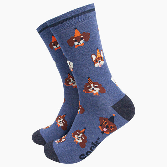 Men's Bamboo Socks - Denim Blue, Party Dogs: UK 7-11 | EU 40.5 -46 | US 8-12