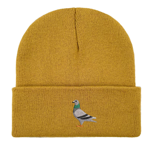 Pigeon Embroidered Unisex Beanie Hat Mustard
