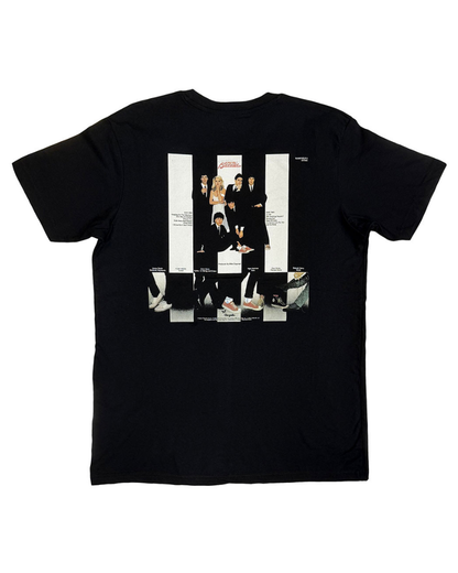 Black t-shirt with a collage of Blondie on the back, displayed on a white background