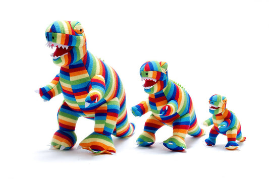 Knitted T Rex Dinosaur Baby Rattle Bold Stripe