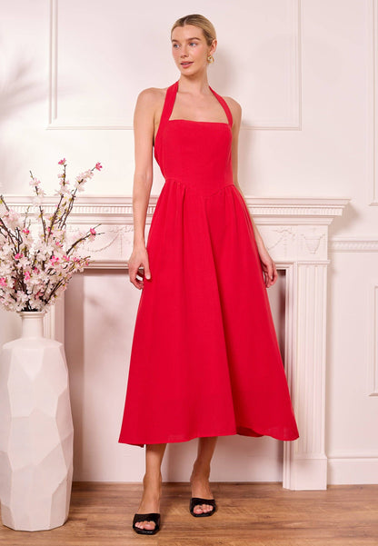 Red Halterneck Drop-Waist Midi Dress