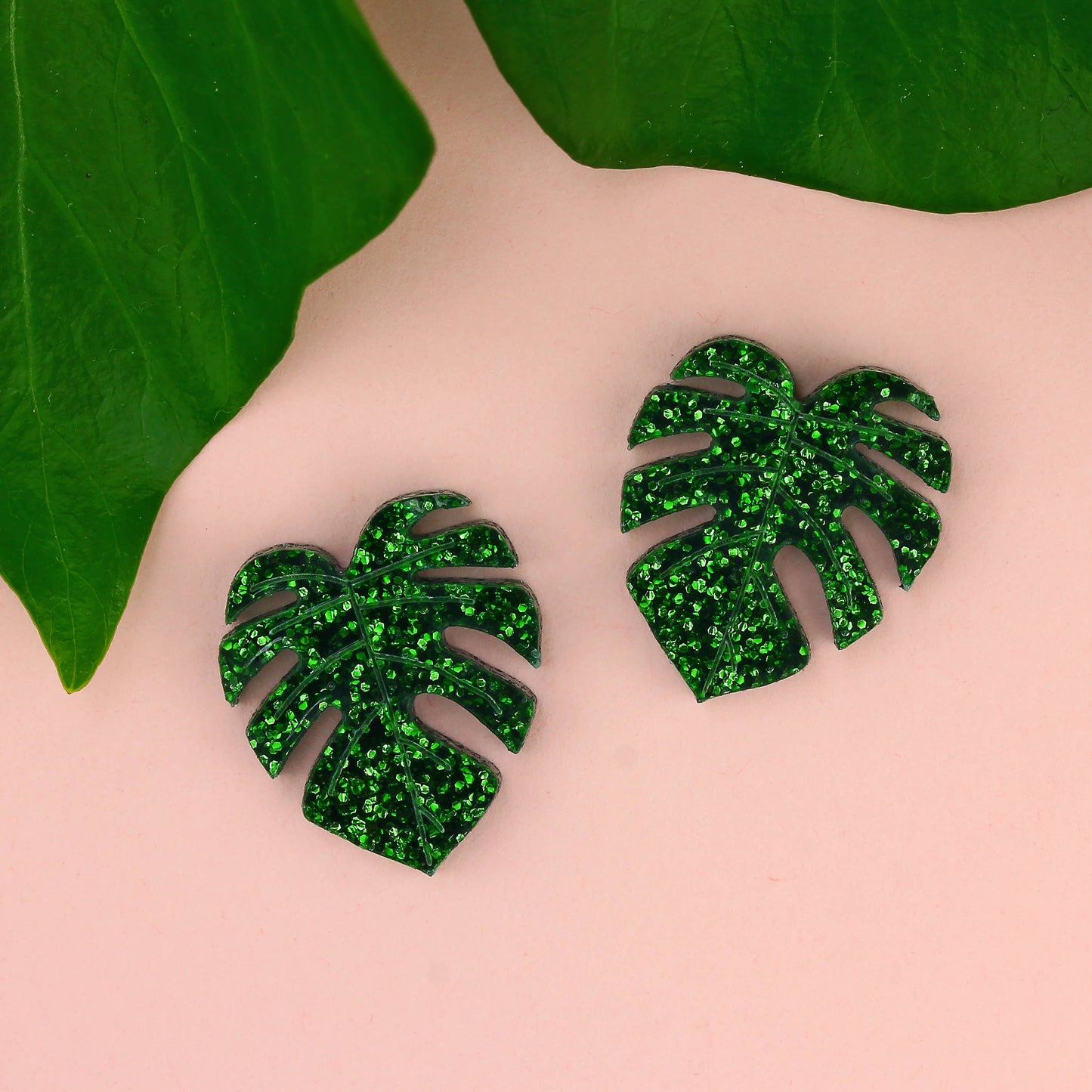 Monstera Leaf Glitter Stud Earrings