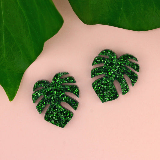 Monstera Leaf Glitter Stud Earrings