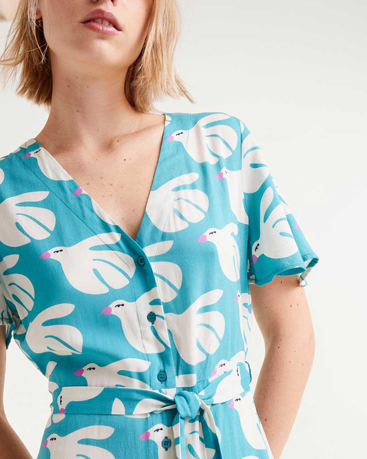 Doves Print Belted Short Dress By Compania Fantastica