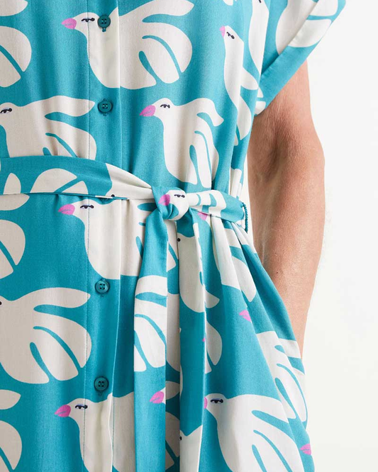 Doves Print Belted Midi Dress By Compania Fantastica