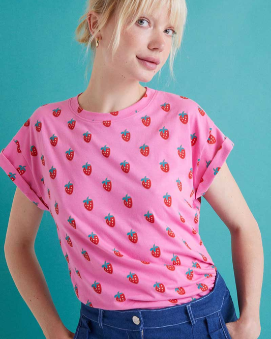 Strawberry Print Round Neck T-Shirt By Compania Fantastica
