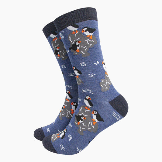 Men's Bamboo Socks - Denim Blue, Puffins On Rocks: UK 7-11 | EU 40.5-46 | US 8-12
