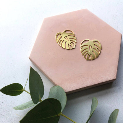 Gold Monstera Leaf Houseplant Stud Earrings