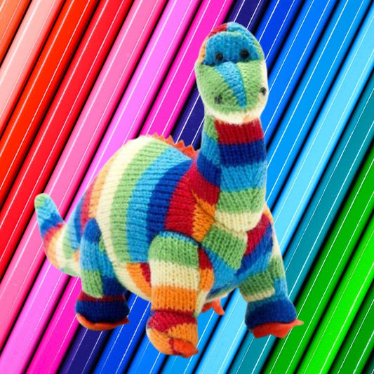 Knitted Diplodocus Dinosaur Baby Rattle Bold Stripe