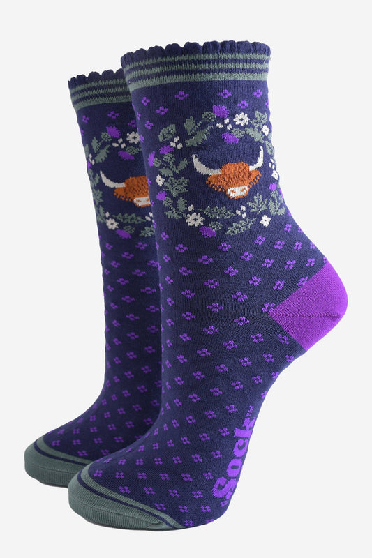 Women's Bamboo Socks - Navy Blue/Purple, Highland Cow Wreath: UK 3-7 | EU 36-40 | US 5-9
