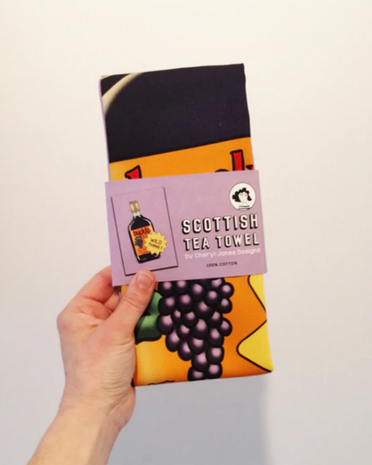 Tea towel with graphic illustration of buckfast drink bottle.