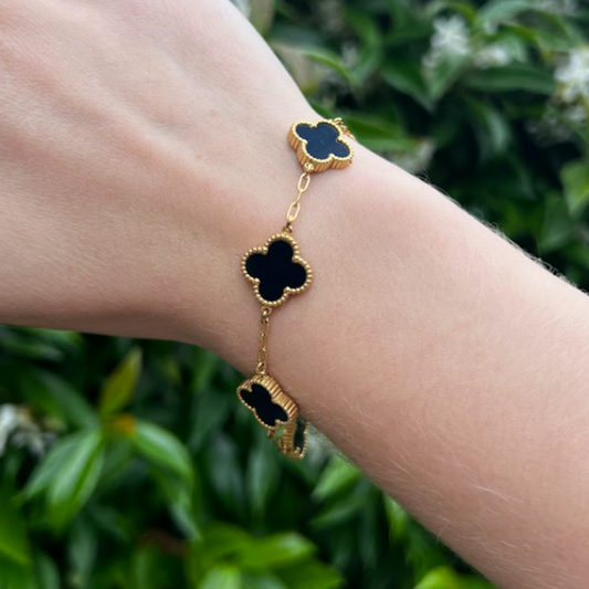 Black Four Leaf Clover Double-Sided Bracelet 18K Gold Plated