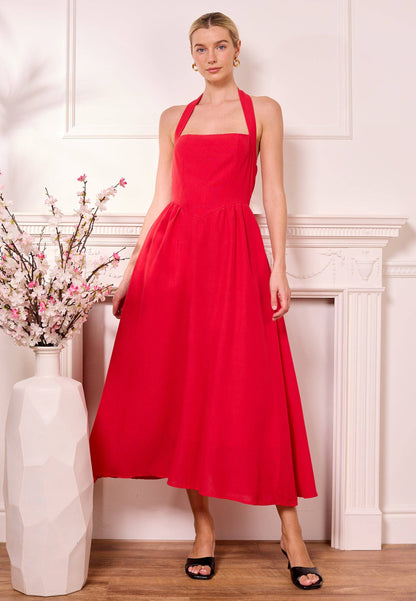 Red Halterneck Drop-Waist Midi Dress