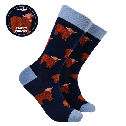 Fluffy Coo Highland Cow Unisex Socks in Navy