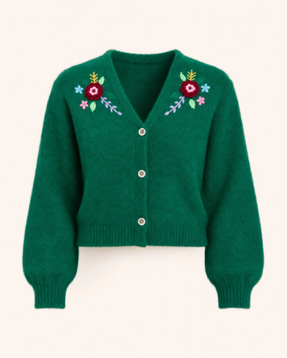 Floral Embroidered Cardigan In Emerald Green