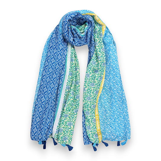 Blue Floral Patchwork Tassels Scarf