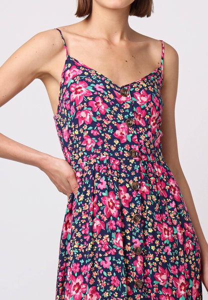 Floral Cami Shirred Back Button Detail Maxi Floral Dress