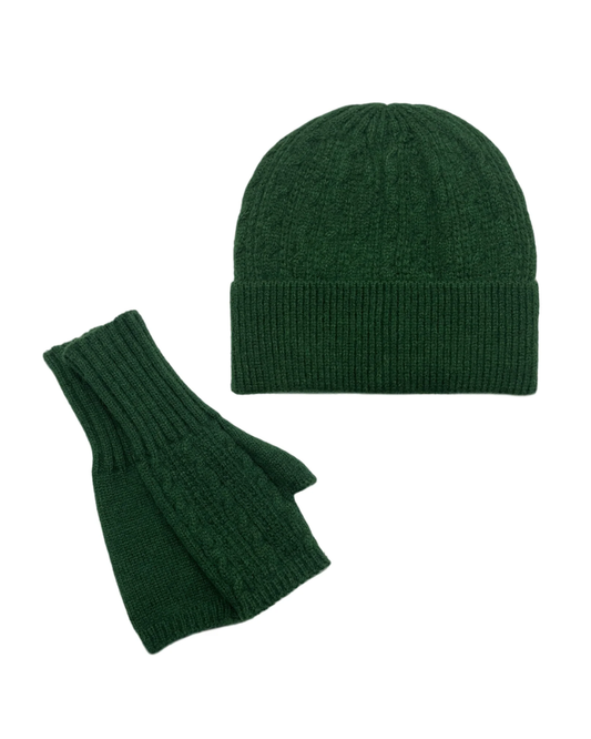 Forest Green Plain Knitted Wool Hat & Fingerless Gloves Set